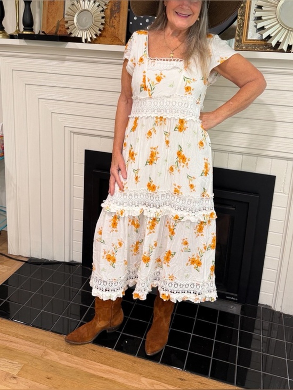 Vintage Handmade White Floral Lace Midi Dress - Orange Floral Print Cottagecore